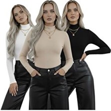 Hashtag Kadın Balıkçı Yaka Uzun Kollu Body – Basic Düz Model 3'lü Paket
