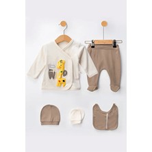 Organik Erkek Bebek Zürafa Desenli 5'li Tulum Hastane Çıkışı Yenidoğan Kıyafet Mama Önlüğü