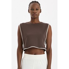 COMEUP Kontrast Biyeli Sıfır Kol Crop Top Kakao Dansı