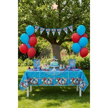 Sonic Mini Parti Seti – Masa Örtüsü + Flama + 5 Metalik Mavi Balon + 5 Metalik Kırmızı Balon