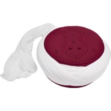 Sarıkhane Çocuk Namaz Sarığı - Beyaz Kumaş - Bordo Takke - Çapraz Sarım - Nâli Şerif - 6 Metre (Züabeli)