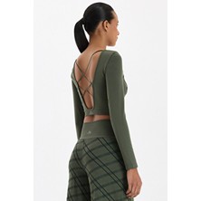 COMEUP Uzun Kollu Ekose Crop Top Haki