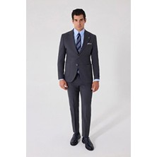 Sabri Özel Erkek Gri Dar Kesim Slim Fit %100 Yün Mono Yaka Çizgili Çift Yırtmaçlı 6 Drop Takım Elbise