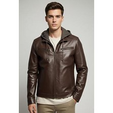Deriderim Kahve Leonard Hakiki Deri Erkek Mont Slim Fit Kapüşonlu Yaka Düz Desenli