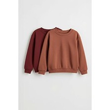 Perendi Unisex Çocuk Bordo & Kiremit 2'li Basic Bisiklet Yaka Sweatshirt Seti Uzun Kollu