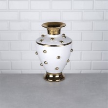Hinora Gold Beyaz Boncuklu Konik Porselen Vazo Büyük Boy 22X22X31CM Tekli Satılır