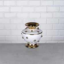 Hinora Gold Beyaz Boncuklu Konik Porselen Vazo Küçük Boy 21X21X21CM Tekli Satılır