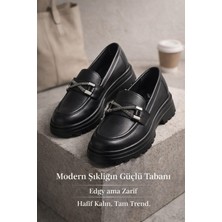 Slipcat Kadın Kalın Taban Ortopedik Comfort Taban Deri Görünümlü Loafer – Siyah