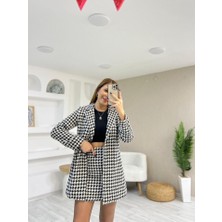 Moderie Butik Kadın Kazayağı Desen Vatka Detay Kaban ve Yüksek Bel Etek Ikili Takım