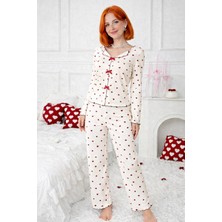Burcumay Kadın Fiyonk Detaylı Kalpli Uzun Kol Sevgiliye Hediye Pijama Takımı