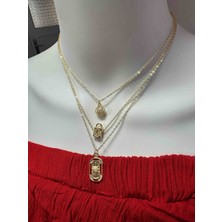 Uno Di Famiglia 3 ' Lü Çelik Charm Kolye Seti , Kristal Taşlı Kolye , Kilit Figürlü Kolye , Inci Detaylı Kolye