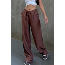 la & vetta Kadın Bol Kesim Kahverengi Keten Karışımlı Pantolon İnce Kumaş ve Düz Desen