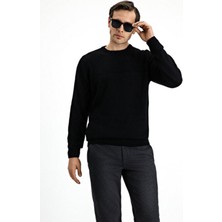 Kiğılı Siyah Bisiklet Yaka Regular Fit Erkek Triko Kazak Casual Stil Desenli
