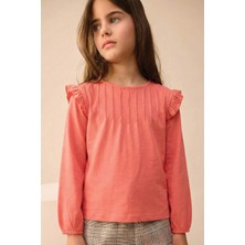 Cigit Nervür Detaylı Kız Çocuk T-Shirt 3-10 Yaş Mercan Renk Pamuklu Kısa Kol Günlük Stil