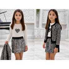 Kalp Nakışlı Pullu Ceketli Üçlü Kız Takım