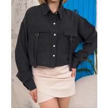 SHC4200 Kemer Cepli Keten Crop Gömlek Siyah S255350