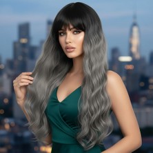 SHC4200 Perçemli Uzun Su Dalgası Fiber Sentetik Peruk / Siyah / Gri Ombreli