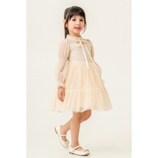 Eray Kids Kız Çocuk Tül Elbise Dik Yaka Fiyonklu Prenses Model Doğum Günü Özel Gün Abiye