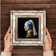 Johannes Vermeer Inci Küpeli Kız Taş Duvar Tablosu - Çerçeveli Taş Tablo - Dekoratif Duvar Sanatı - Modern Ev ve Ofis Duvar Dekoru T1-140