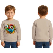 Sedirli Unisex Super Marıo Baskılı Çocuk Swaetshirt 3 Iplik Şardonlu