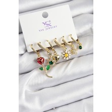 Pirinç Zirkon Taşlı Gül ve Papatya Model Gold Renk 3'lü Çift Kadın Küpe EB-53-VICE/(1395) 0590