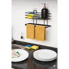 Viatom Yapışkanlı Siyah Raflı Dikdörtgen Havlu Tutucu