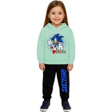 Sedirli Sonic Baskılı Çocuk Eşofman Takımı 3 Iplik Şardonlu Pamuklu Kumaş Kapüşonlu