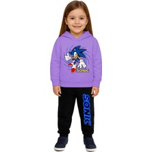 Sedirli Sonic Baskılı Çocuk Eşofman Takımı 3 Iplik Şardonlu Pamuklu Kumaş Kapüşonlu
