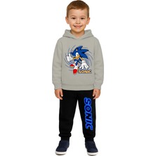 Sedirli Sonic Baskılı Çocuk Eşofman Takımı 3 Iplik Şardonlu Pamuklu Kumaş Kapüşonlu