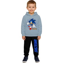 Sedirli Sonic Baskılı Çocuk Eşofman Takımı 3 Iplik Şardonlu Pamuklu Kumaş Kapüşonlu