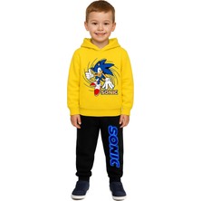 Sedirli Sonic Baskılı Çocuk Eşofman Takımı 3 Iplik Şardonlu Pamuklu Kumaş Kapüşonlu