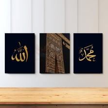 Artarilion Dikey 3'lü Kanvas Tablo Allah Hz. Muhammed Kabe Kapısı Manevi Dini Duvar Tablosu Salon Tablosu