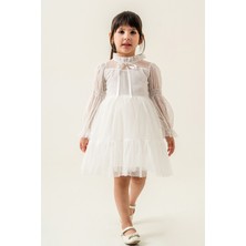 Eray Kids Kız Çocuk Tül Elbise Dik Yaka Fiyonklu Prenses Model Doğum Günü Özel Gün Abiye