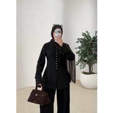 Moda Aksa Minik Düğme Gömlek Siyah