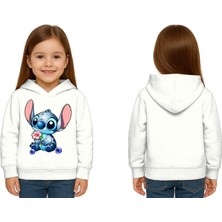 Sedirli Unisex Stitch Baskılı Çocuk Swaetshirt Baskılı Kapüşonlu 3 Iplik Şardonlu