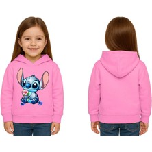 Sedirli Unisex Stitch Baskılı Çocuk Swaetshirt Baskılı Kapüşonlu 3 Iplik Şardonlu