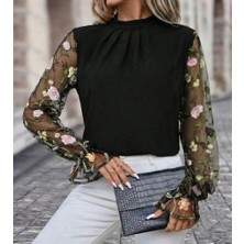 Tiana Kadın Uzun Kollu Yarı Balıkçı Yaka Tül Detaylı Ithal Krep Bluz