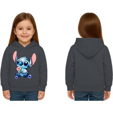 Sedirli Unisex Stitch Baskılı Çocuk Swaetshirt Baskılı Kapüşonlu 3 Iplik Şardonlu