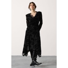 Cemo Flok Baskılı Dantel Yaka Asimetrik Elbise