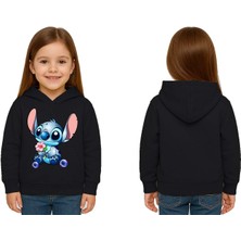 Sedirli Unisex Stitch Baskılı Çocuk Swaetshirt Baskılı Kapüşonlu 3 Iplik Şardonlu