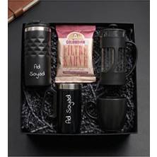 Kişiye Özel Geometrik Termos & Bardak Termos & French Press & Siyah Kupa & Filtre Kahve Hediye Seti
