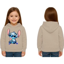 Sedirli Unisex Stitch Baskılı Çocuk Swaetshirt Baskılı Kapüşonlu 3 Iplik Şardonlu