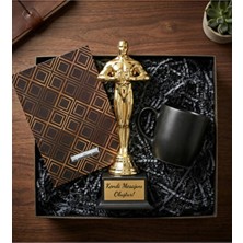 Kişiye Özel Oscar Ödül Heykeli & Gold Defter & Siyah Kupa Hediye Seti