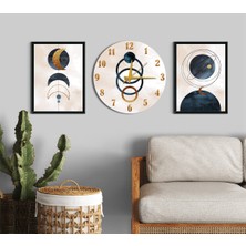 M&H Quality Lüks 3'lü Duvar Dekoru Seti (2 Tablo + 1 Saat) | Altın Yaldızlı Ay Fazları | Modern Lüks Tasarım