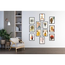 M&H Quality 12 Parça Bohem Galeri Duvarı Mdf Tablo Seti Iskandinav Soyut & Botanik | Delmeden Kolay Montaj