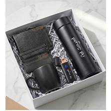 Kişiye Özel Erkek Hediye Seti (Dereceli Termos & USB Çakmak & Cüzdan & Kartlık & Siyah Kupa)