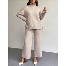 Newco Kadın Fitilli Yaka Saç Örgü Desenli Yanlardan Yırtmaçlı Triko Takım Antrasit