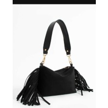 Zynp Püsküllü Süet Siyah Kadın El ve Omuz Çantası