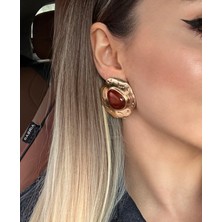 Dore Kahverengi Mineli Organik Yuvarlak Gold Küpe