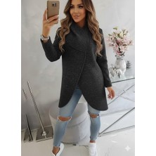 Afri Kırçıllı Siyah Kadın Asimetrik Fermuarlı Oversize Kapüşonlu Sweatshirt – Kalın Kumaş – Rahat Günlük Tarz